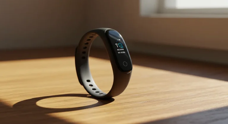 Fx Samsung Galaxy Fit3 fitness band positioned on wooden surface with warm natural lighting 3