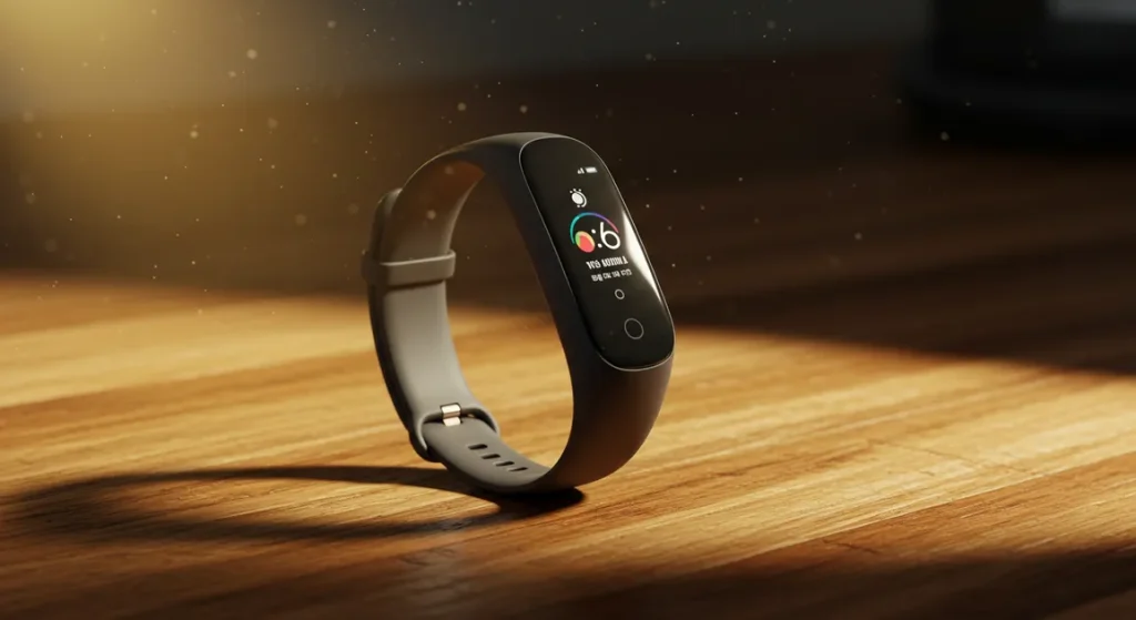 Fx Samsung Galaxy Fit3 fitness band positioned on wooden surface with warm natural lighting 4