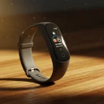 Fx Samsung Galaxy Fit3 fitness band positioned on wooden surface with warm natural lighting 4