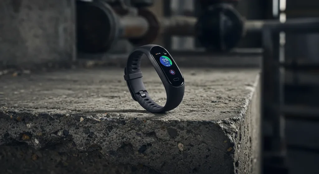 Fx Samsung Galaxy Fit3 fitness tracker artistically placed on concrete surface with industrial aesthetic 1