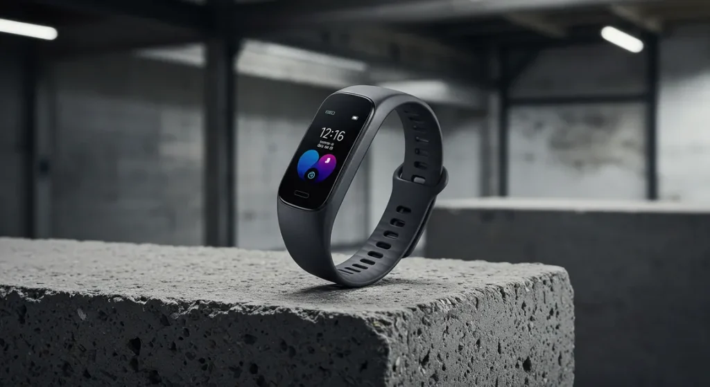 Fx Samsung Galaxy Fit3 fitness tracker artistically placed on concrete surface with industrial aesthetic 2