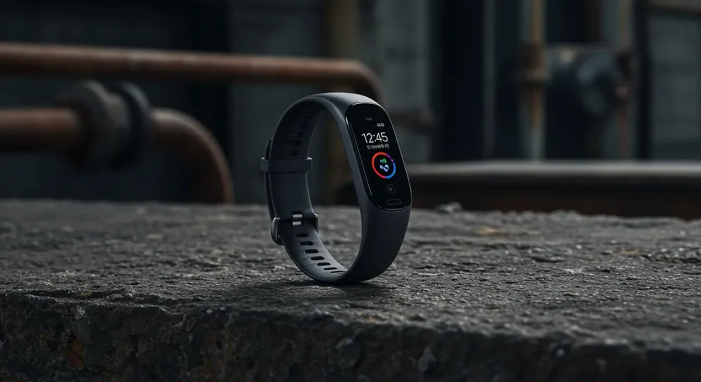 Fx Samsung Galaxy Fit3 fitness tracker artistically placed on concrete surface with industrial aesthetic 3