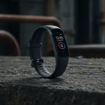 Fx Samsung Galaxy Fit3 fitness tracker artistically placed on concrete surface with industrial aesthetic 3