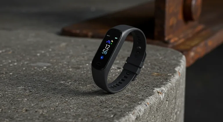 Fx Samsung Galaxy Fit3 fitness tracker artistically placed on concrete surface with industrial aesthetic 4