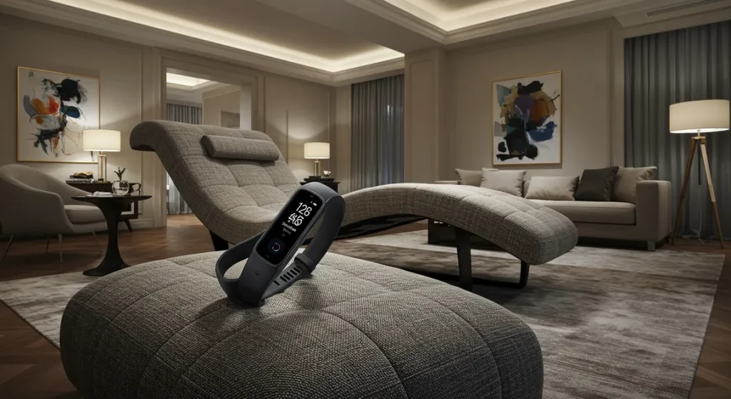 Fx Samsung Galaxy Fit3 fitness tracker positioned on designer furniture with sophisticated interior styling 1