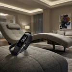 Fx Samsung Galaxy Fit3 fitness tracker positioned on designer furniture with sophisticated interior styling 1