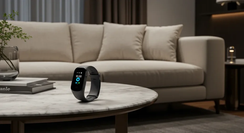 Fx Samsung Galaxy Fit3 fitness tracker positioned on designer furniture with sophisticated interior styling 2