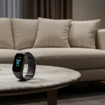 Fx Samsung Galaxy Fit3 fitness tracker positioned on designer furniture with sophisticated interior styling 2