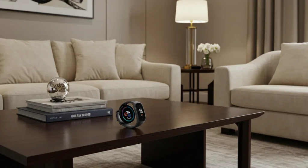 Fx Samsung Galaxy Fit3 fitness tracker positioned on designer furniture with sophisticated interior styling 3