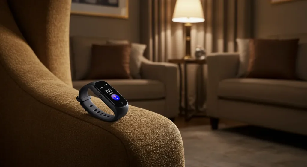 Fx Samsung Galaxy Fit3 fitness tracker positioned on designer furniture with sophisticated interior styling 4