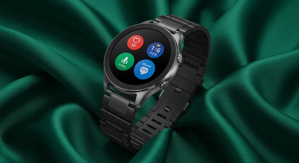Fx Samsung Galaxy Fit3 smartwatch elegantly placed on silk fabric with luxury presentation 1