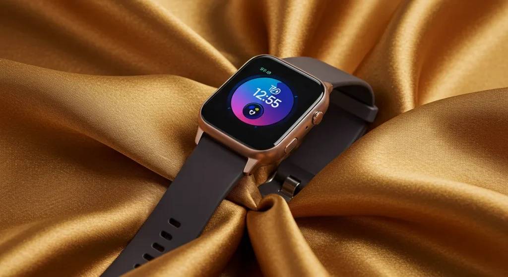 Fx Samsung Galaxy Fit3 smartwatch elegantly placed on silk fabric with luxury presentation 2