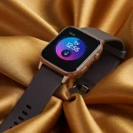 Fx Samsung Galaxy Fit3 smartwatch elegantly placed on silk fabric with luxury presentation 2