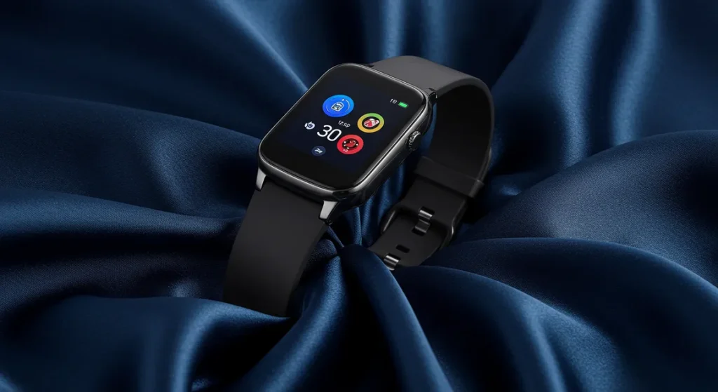 Fx Samsung Galaxy Fit3 smartwatch elegantly placed on silk fabric with luxury presentation 3