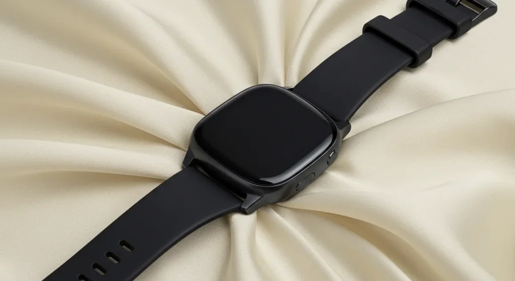 Fx Samsung Galaxy Fit3 smartwatch elegantly placed on silk fabric with luxury presentation 4