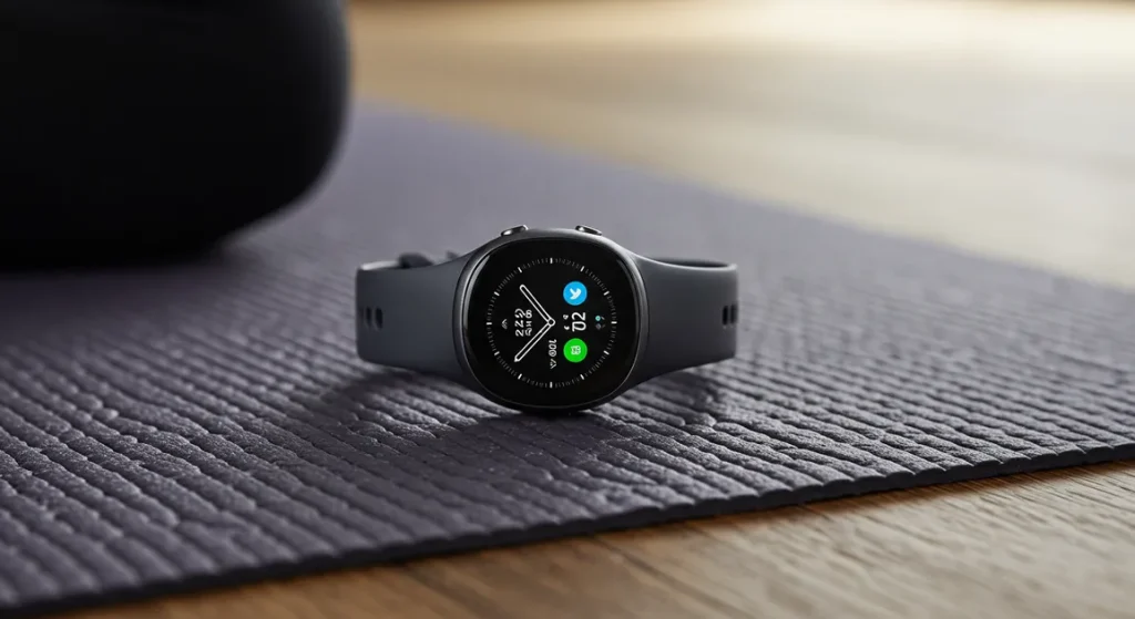 Fx Samsung Galaxy Fit3 smartwatch photographed on yoga mat with wellness lifestyle context 1