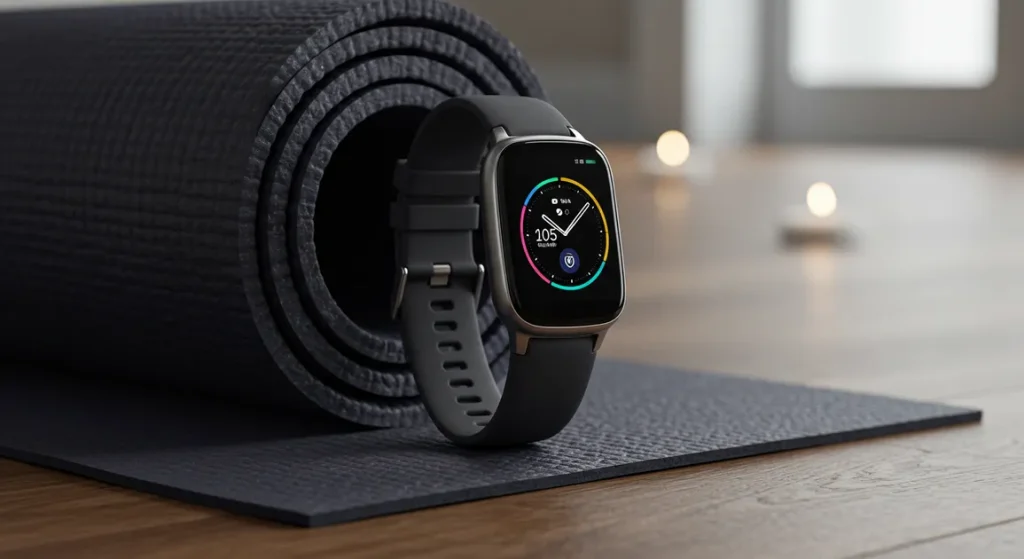 Fx Samsung Galaxy Fit3 smartwatch photographed on yoga mat with wellness lifestyle context 2