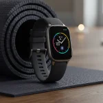 Fx Samsung Galaxy Fit3 smartwatch photographed on yoga mat with wellness lifestyle context 2