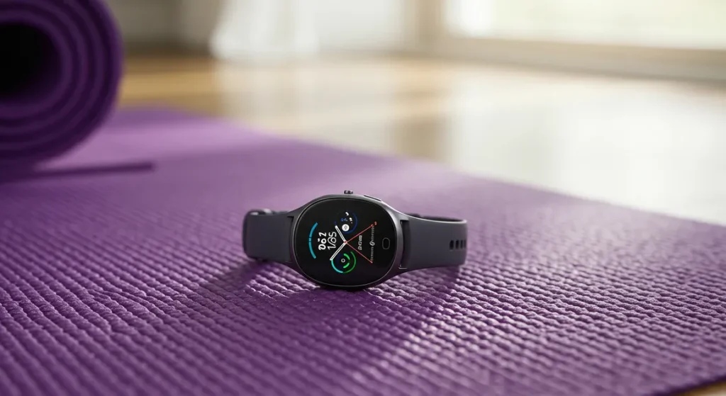 Fx Samsung Galaxy Fit3 smartwatch photographed on yoga mat with wellness lifestyle context 3