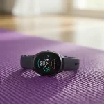 Fx Samsung Galaxy Fit3 smartwatch photographed on yoga mat with wellness lifestyle context 3