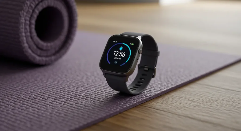 Fx Samsung Galaxy Fit3 smartwatch photographed on yoga mat with wellness lifestyle context 4