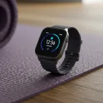Fx Samsung Galaxy Fit3 smartwatch photographed on yoga mat with wellness lifestyle context 4