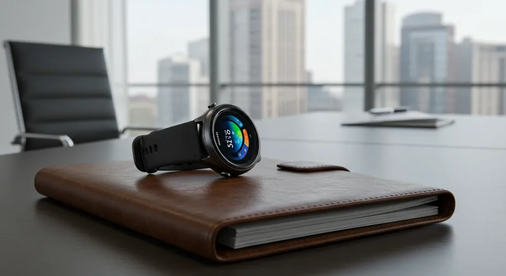Fx Samsung Galaxy Fit3 smartwatch positioned on leather portfolio in executive office setting 4