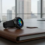 Fx Samsung Galaxy Fit3 smartwatch positioned on leather portfolio in executive office setting 4