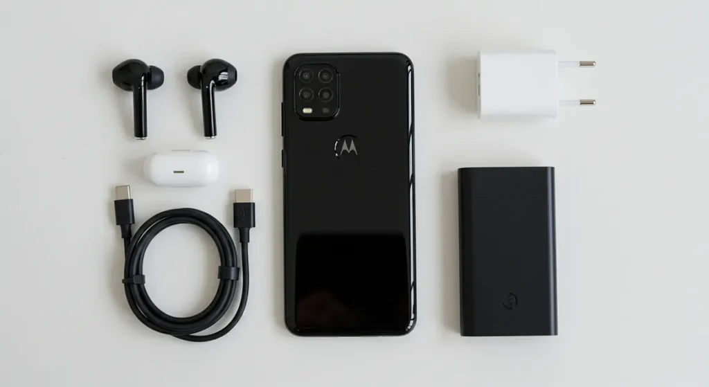 Fx Top down view of Motorola Moto G75 surrounded by tech accessories like wireless earbuds and charger on a minimalist white surface 1