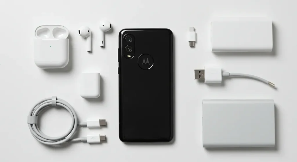 Fx Top down view of Motorola Moto G75 surrounded by tech accessories like wireless earbuds and charger on a minimalist white surface 2