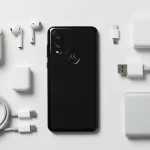Fx Top down view of Motorola Moto G75 surrounded by tech accessories like wireless earbuds and charger on a minimalist white surface 2