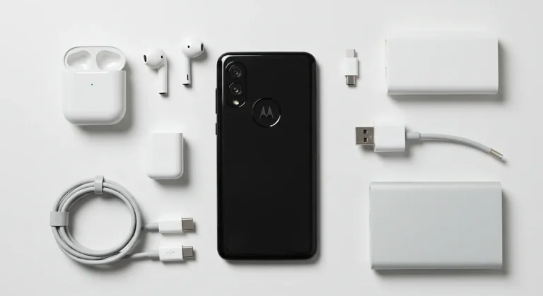 Fx Top down view of Motorola Moto G75 surrounded by tech accessories like wireless earbuds and charger on a minimalist white surface 2