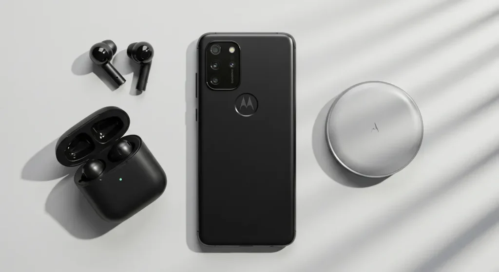 Fx Top down view of Motorola Moto G75 surrounded by tech accessories like wireless earbuds and charger on a minimalist white surface 3