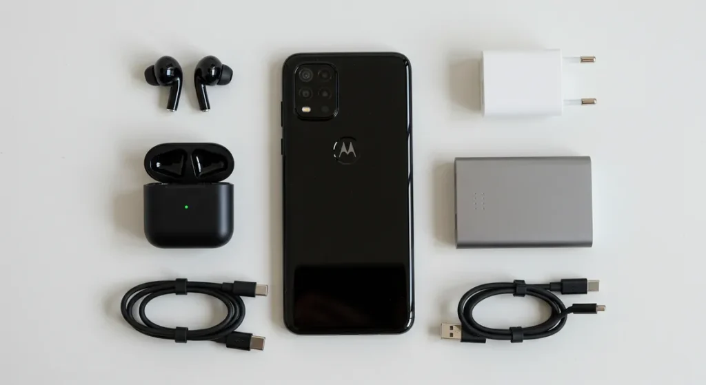 Fx Top down view of Motorola Moto G75 surrounded by tech accessories like wireless earbuds and charger on a minimalist white surface 4