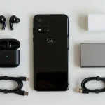 Fx Top down view of Motorola Moto G75 surrounded by tech accessories like wireless earbuds and charger on a minimalist white surface 4