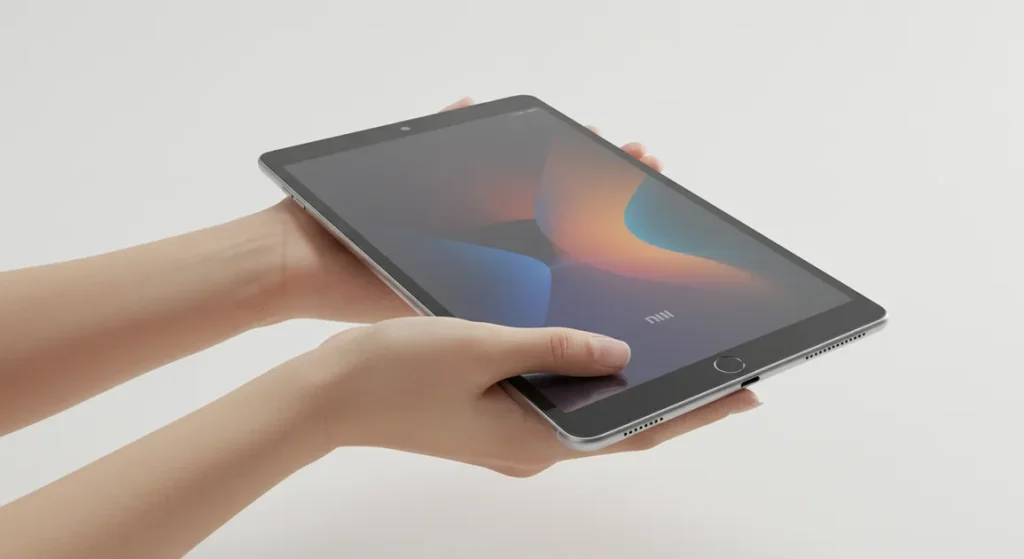Fx Xiaomi Redmi Pad SE 11 tablet held in hands showing size comparison realistic human hands neutral background natural lighting 3