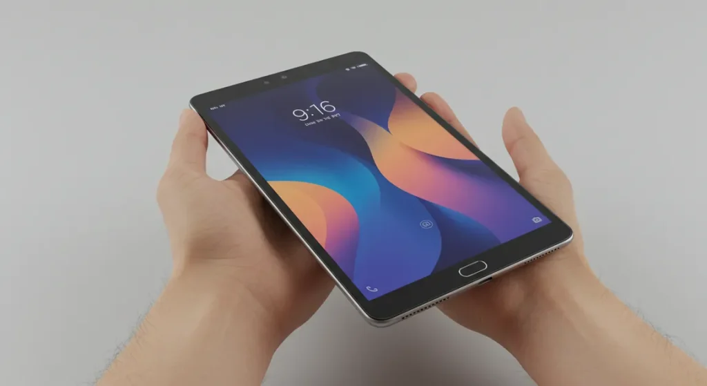 Fx Xiaomi Redmi Pad SE 11 tablet held in hands showing size comparison realistic human hands neutral background natural lighting 4