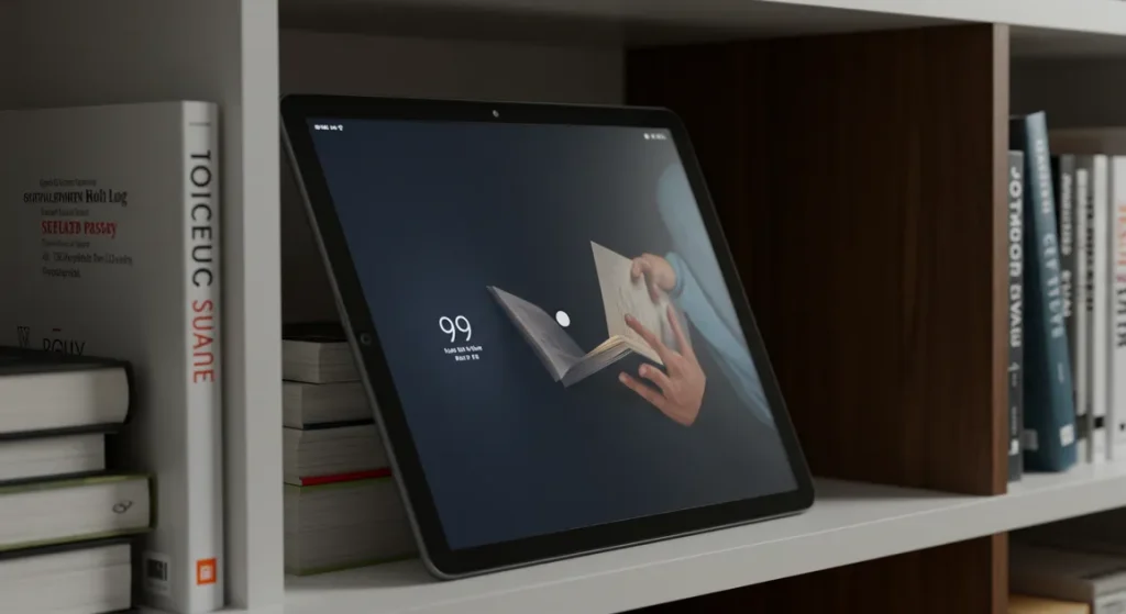 Fx Xiaomi Redmi Pad SE 11 tablet leaning against a stack of books on a contemporary bookshelf warm ambient lighting lifestyle photography 1