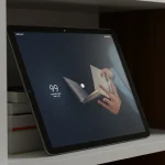 Fx Xiaomi Redmi Pad SE 11 tablet leaning against a stack of books on a contemporary bookshelf warm ambient lighting lifestyle photography 1