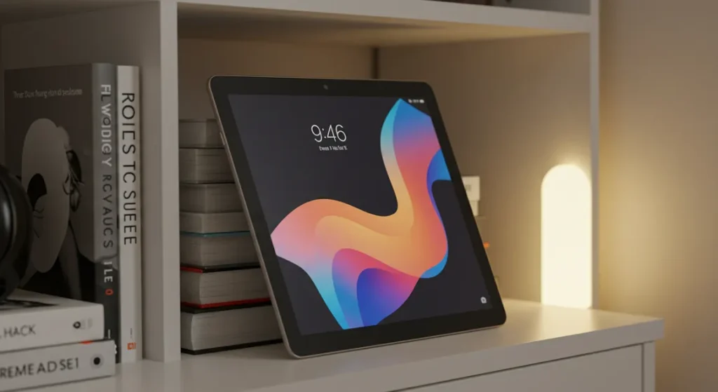 Fx Xiaomi Redmi Pad SE 11 tablet leaning against a stack of books on a contemporary bookshelf warm ambient lighting lifestyle photography 2