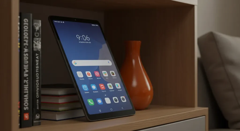 Fx Xiaomi Redmi Pad SE 11 tablet leaning against a stack of books on a contemporary bookshelf warm ambient lighting lifestyle photography 3