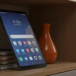 Fx Xiaomi Redmi Pad SE 11 tablet leaning against a stack of books on a contemporary bookshelf warm ambient lighting lifestyle photography 3