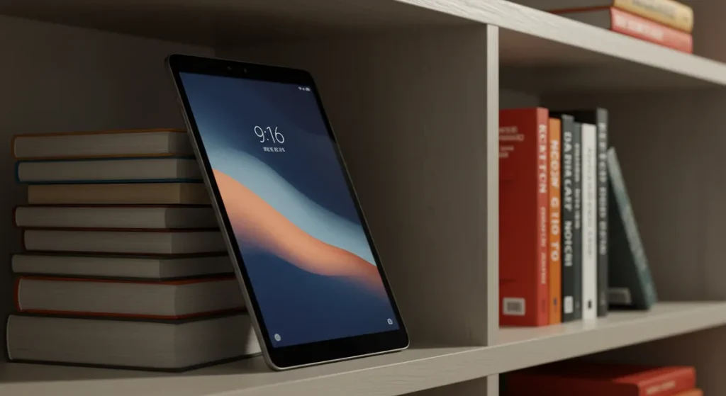 Fx Xiaomi Redmi Pad SE 11 tablet leaning against a stack of books on a contemporary bookshelf warm ambient lighting lifestyle photography 4