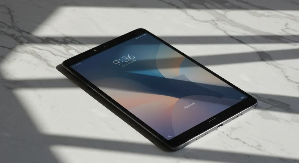 Fx Xiaomi Redmi Pad SE 11 tablet on a clean marble surface with geometric shadows high contrast artistic photography style 1