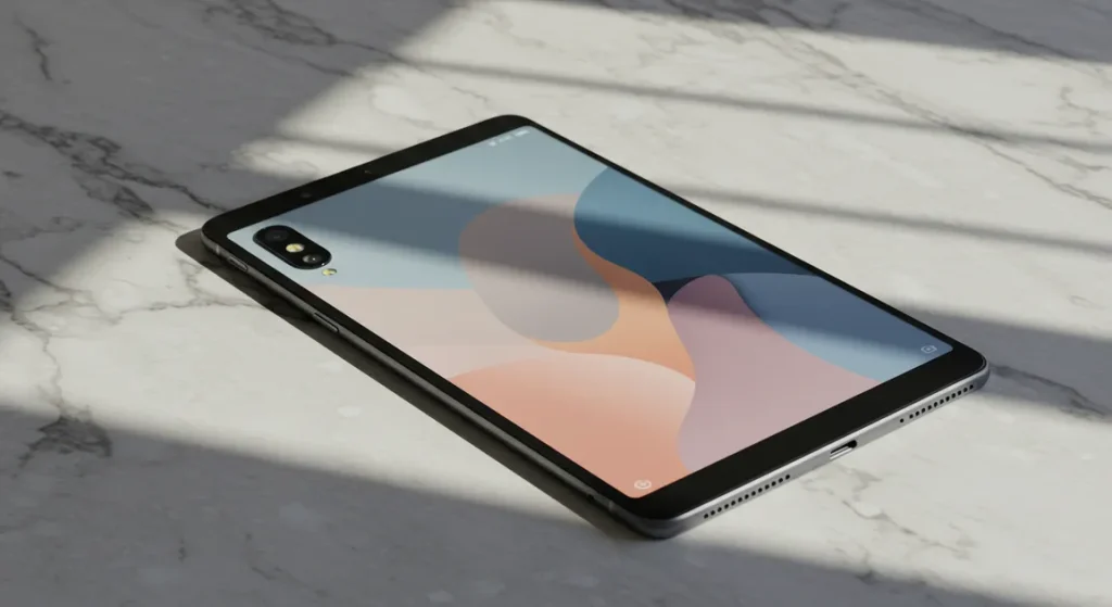 Fx Xiaomi Redmi Pad SE 11 tablet on a clean marble surface with geometric shadows high contrast artistic photography style 2