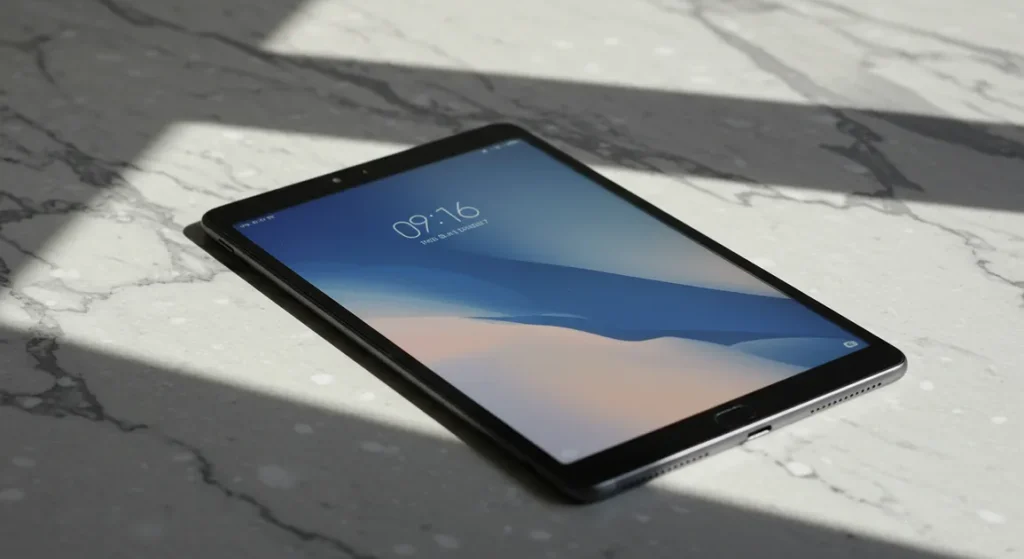 Fx Xiaomi Redmi Pad SE 11 tablet on a clean marble surface with geometric shadows high contrast artistic photography style 3