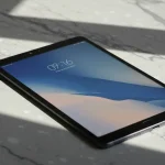 Fx Xiaomi Redmi Pad SE 11 tablet on a clean marble surface with geometric shadows high contrast artistic photography style 3