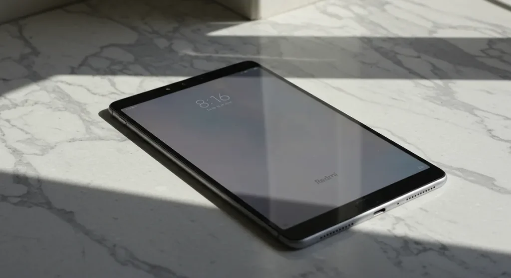 Fx Xiaomi Redmi Pad SE 11 tablet on a clean marble surface with geometric shadows high contrast artistic photography style 4