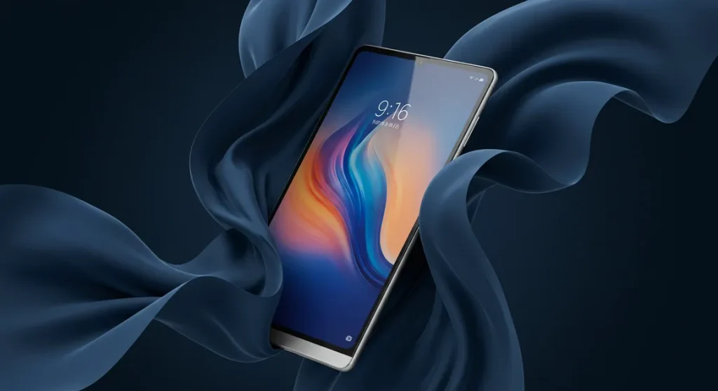 Fx Xiaomi Redmi Pad SE 11 tablet partially submerged in flowing fabric creating elegant curves luxury product photography aesthetic 2