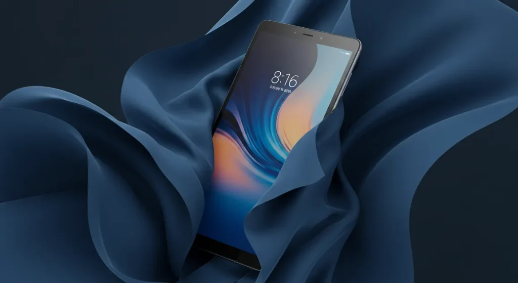 Fx Xiaomi Redmi Pad SE 11 tablet partially submerged in flowing fabric creating elegant curves luxury product photography aesthetic 4